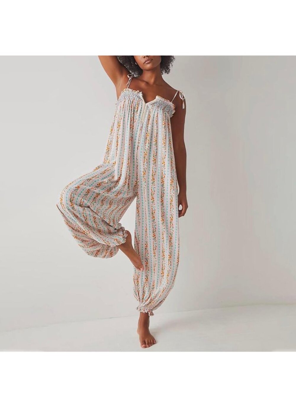 Owl's-Yard Women's Loose Sleeveless Jumpsuits Floral Print Adjustable Tie-Strap